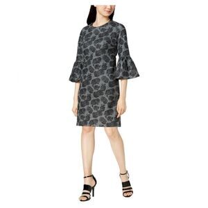 Calvin Klein Dress Gray Black Roses Size 12 Knit Bell Sleeve Exposed Zipper
